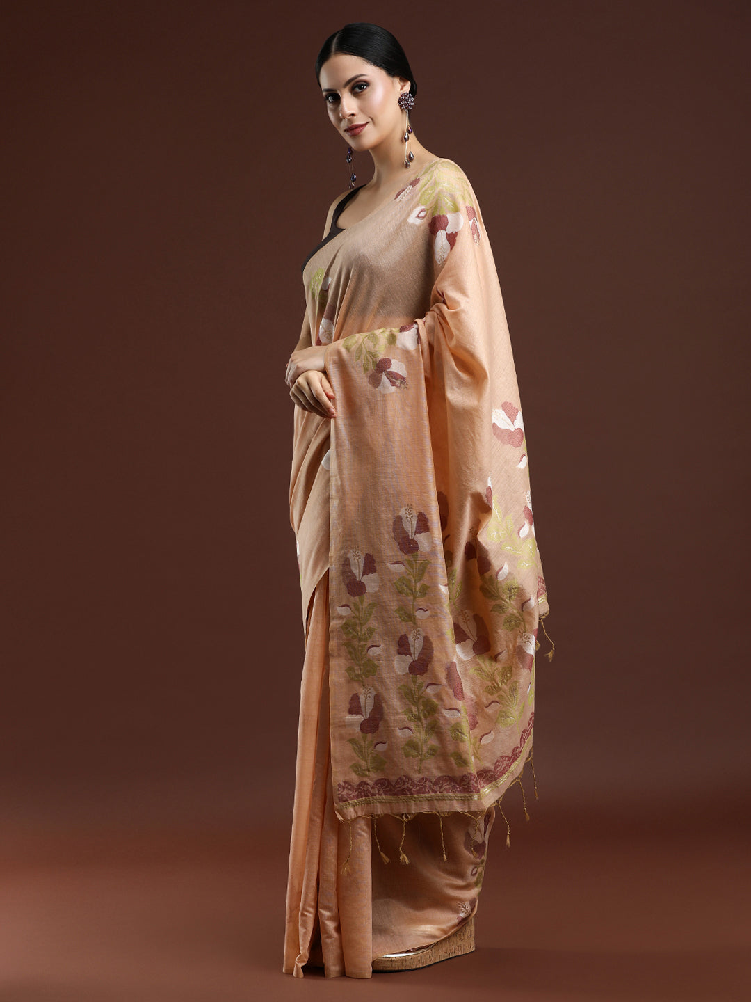 Woven Design Floral Muga Cotton Saree in Orange