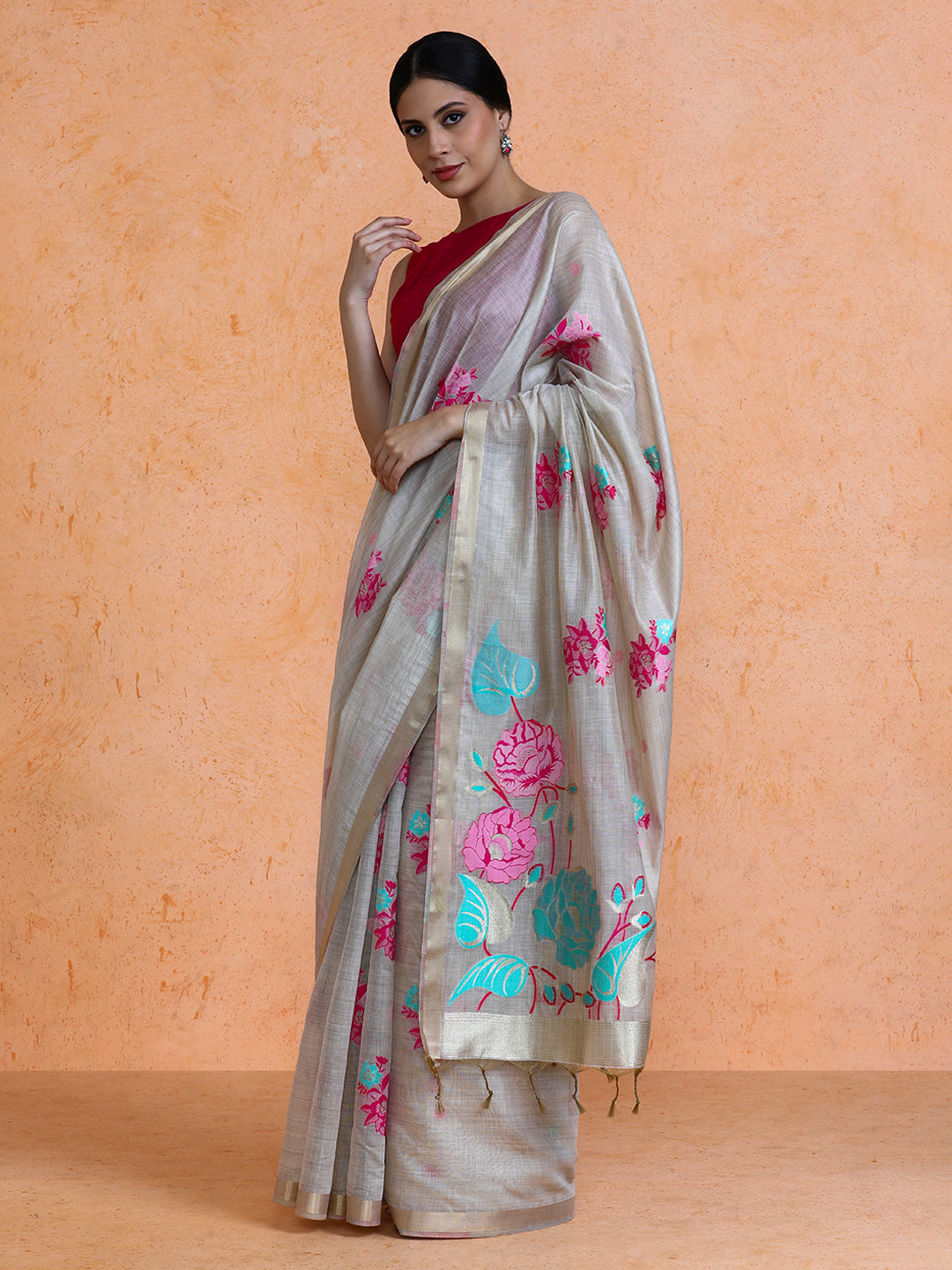 Leela Cotton in Beige with Pink Motifs