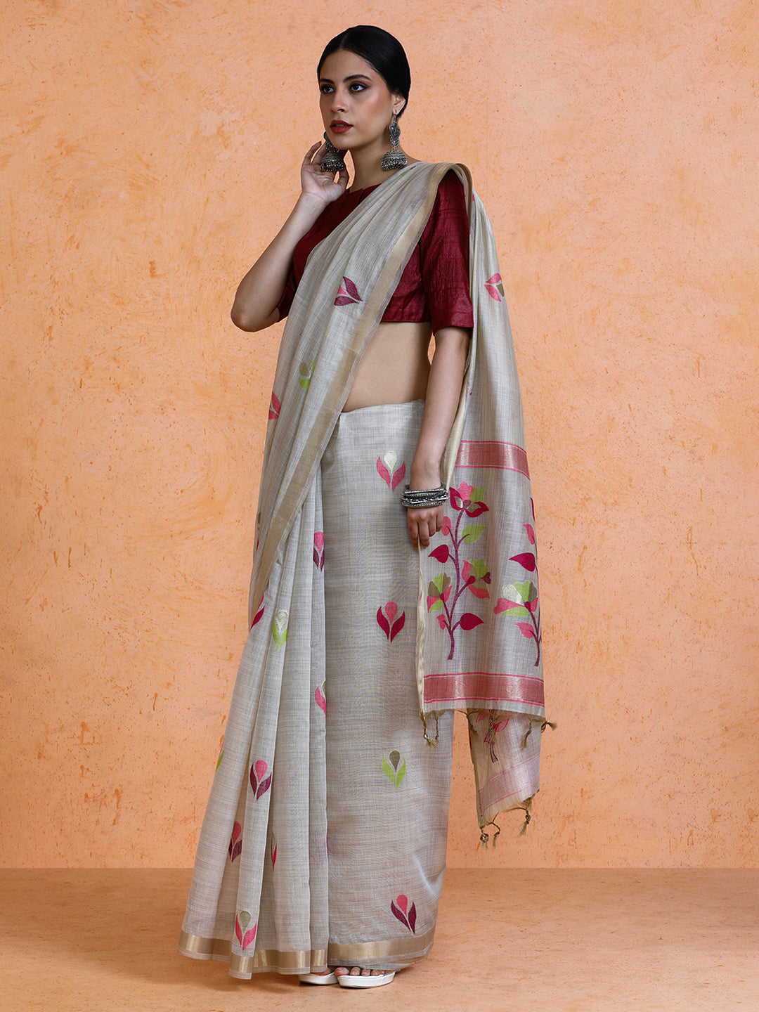 Rithika Cotton in Beige with Pink Motifs