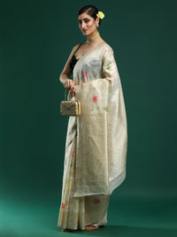 Woven Design Floral Chanderi Cotton Saree in Cream