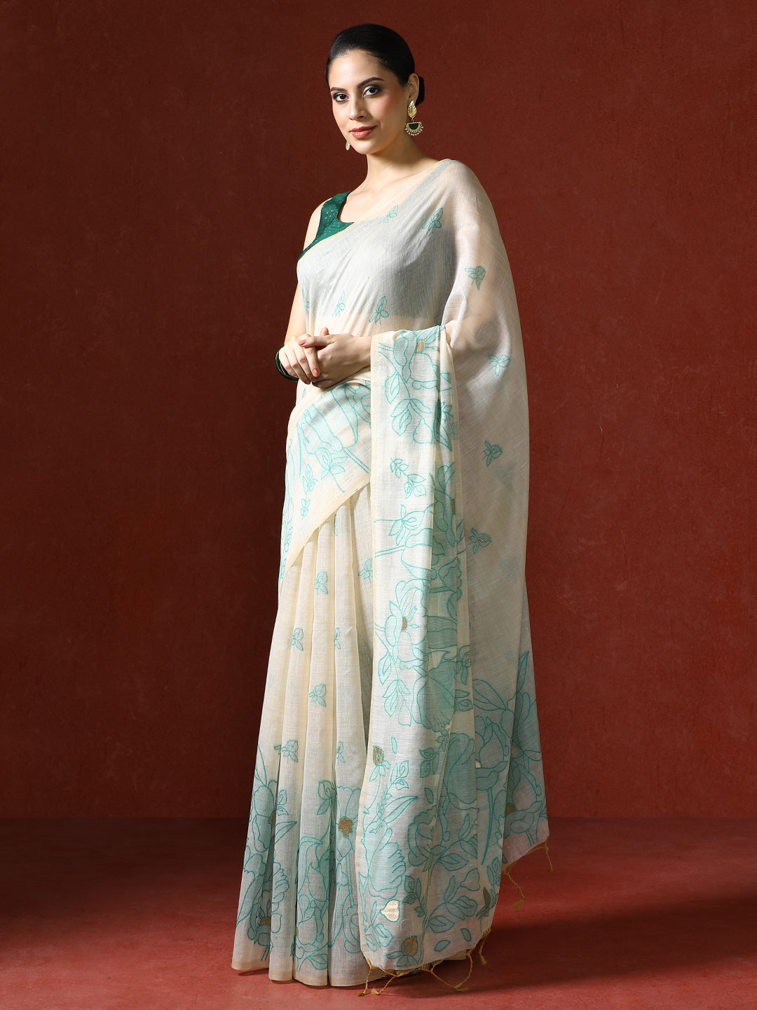 Floral Printed Zari Chanderi Saree in green