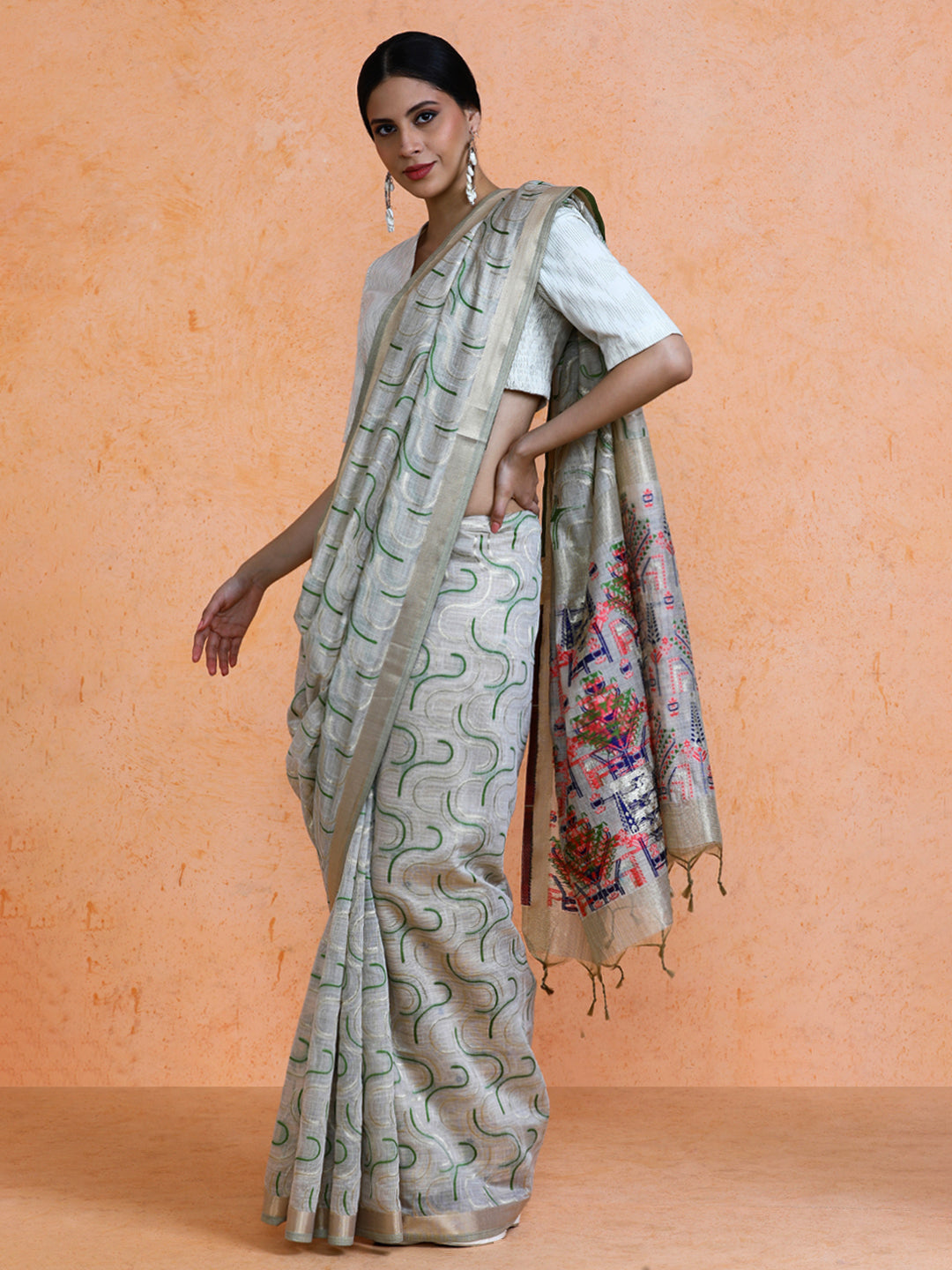 Zaika Cotton in Beige with Green Motifs