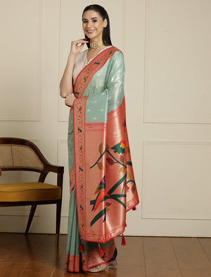 Paithani Woven Design Saree With Blouse in Sea Green and Orange