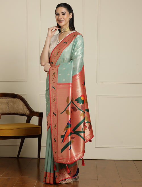 Paithani Woven Design Saree With Blouse in Sea Green and Orange