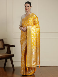 Ethnic Motif Woven Design Zari Banarasi Satin Silk Saree & Blouse Piece in Yellow
