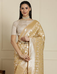 Geometric Woven Design Zari Muga Saree in Beige
