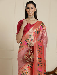 Floral Woven Design Zari Paithani Saree in Pink and Orange