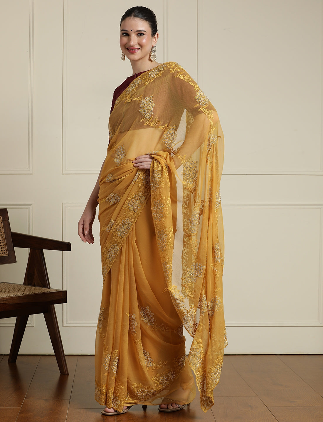 Floral Embroidered Sarees With Unstitched Blouse in Yellow