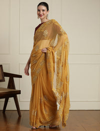Floral Embroidered Sarees With Unstitched Blouse in Yellow