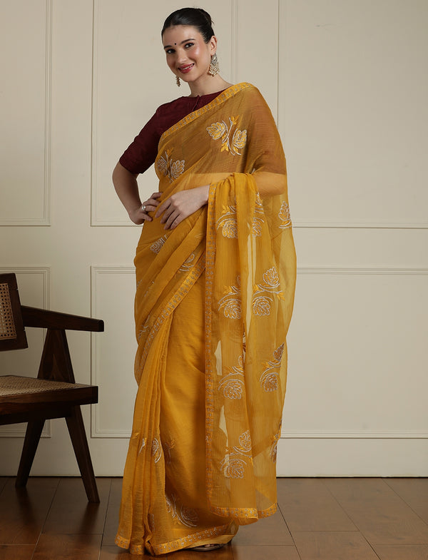 Floral Embroidered Beads and Stones Saree in Yellow