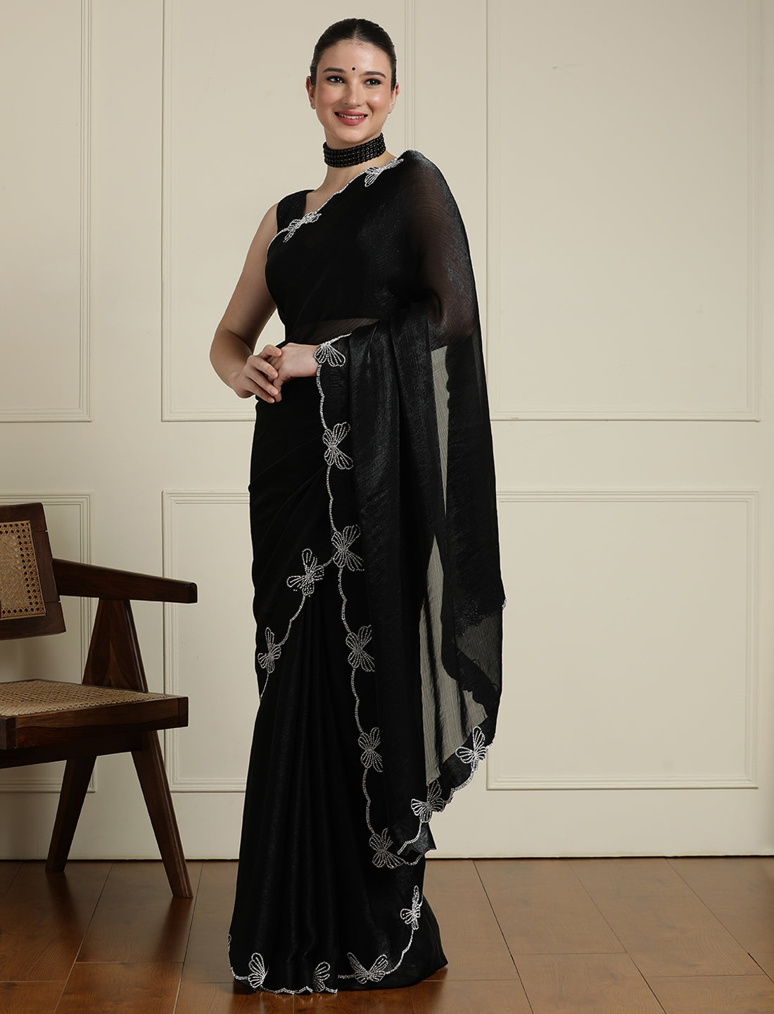 Butterfly Embellished Beads And Stones Saree With Blouse in Black