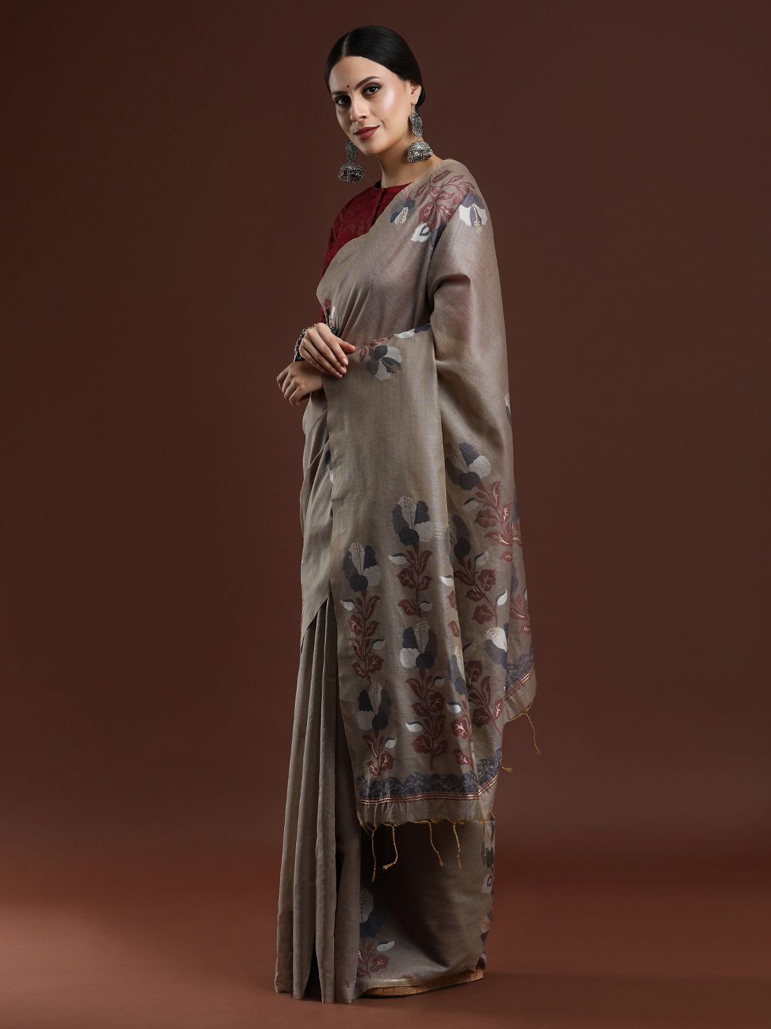 Woven Design Floral Muga Cotton Saree in Grey