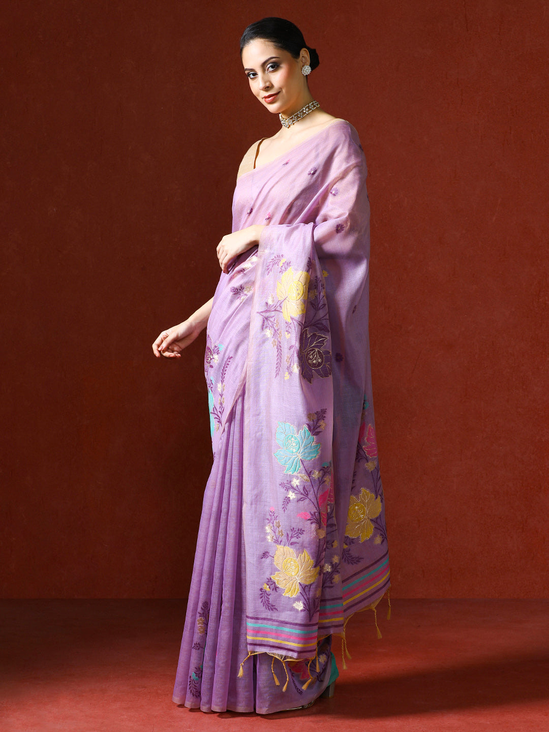Floral Embellished Embroidered Chanderi Saree in purple