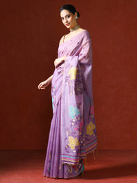 Floral Embellished Embroidered Chanderi Saree in purple