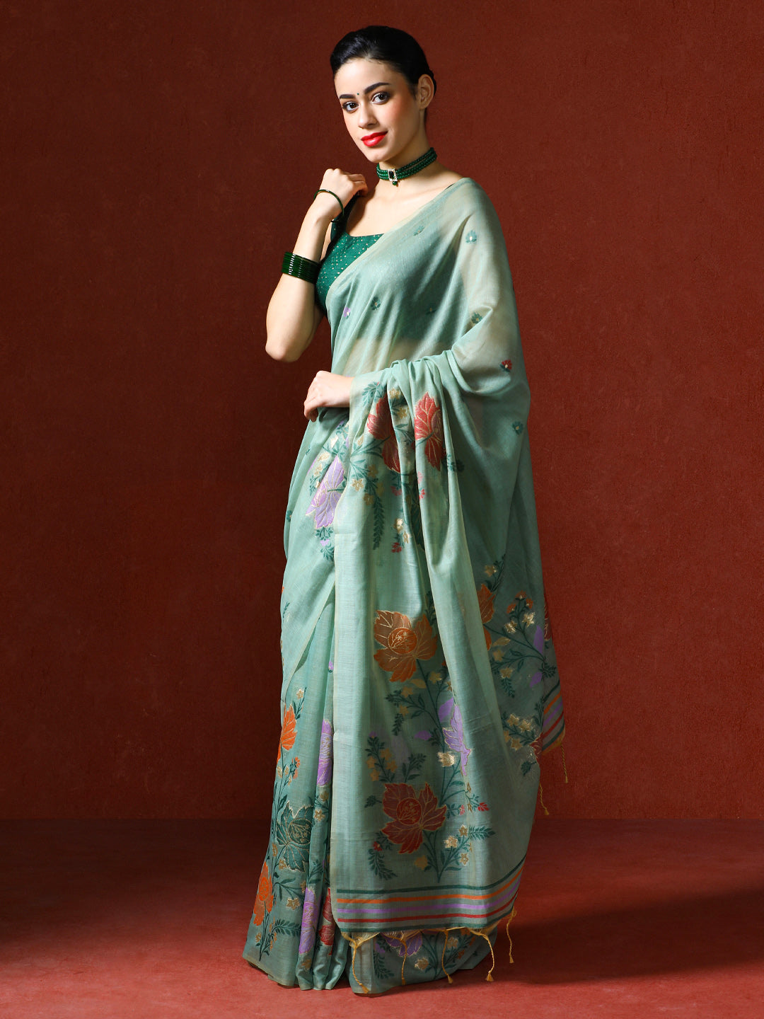 Floral Embellished Embroidered Chanderi Saree in green