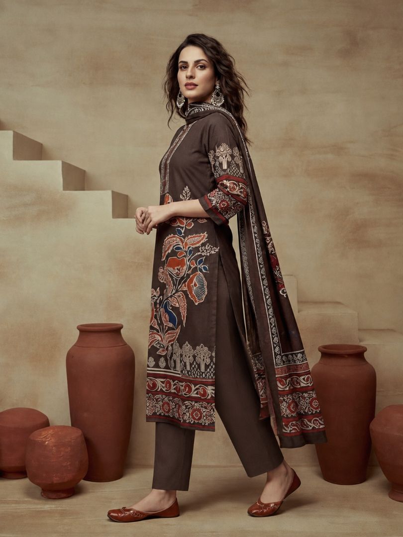 Printed Cotton Blend Round Neck Kurta & Trousers With Dupatta