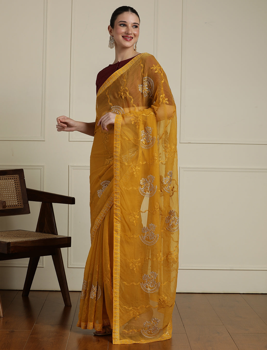 Floral Embellished Saree in Yellow