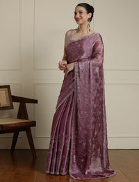 Embellished Saree With Unstitched Blouse in Pink
