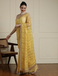 Women Ethnic Motifs Embroidered Saree in Yellow