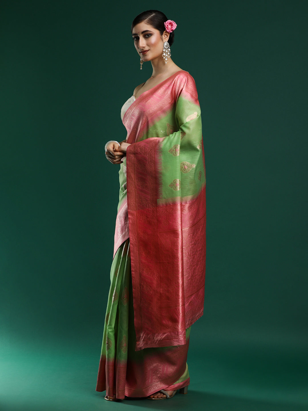 Woven Design Chanderi Cotton Saree in Green