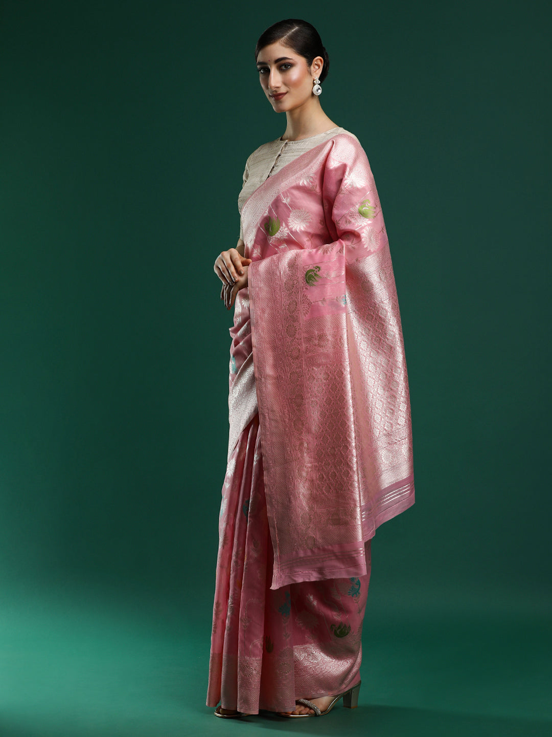 Woven Design Floral Chanderi Cotton Saree in Pink