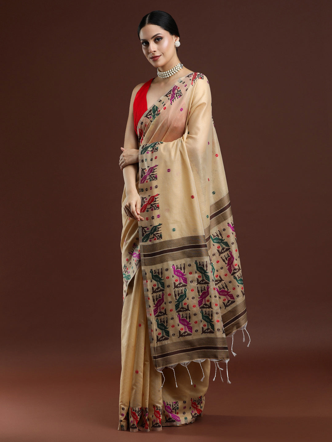Woven Design Ethnic Motif Muga Cotton Saree in Beige