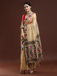 Woven Design Ethnic Motif Muga Cotton Saree in Beige