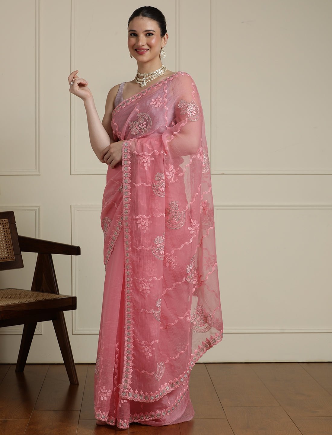 Floral Motifs Embroidered Saree with Unstitched Blouse in Pink