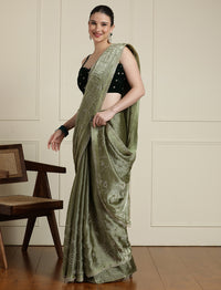 Embellished Saree With Unstitched Blouse in Green