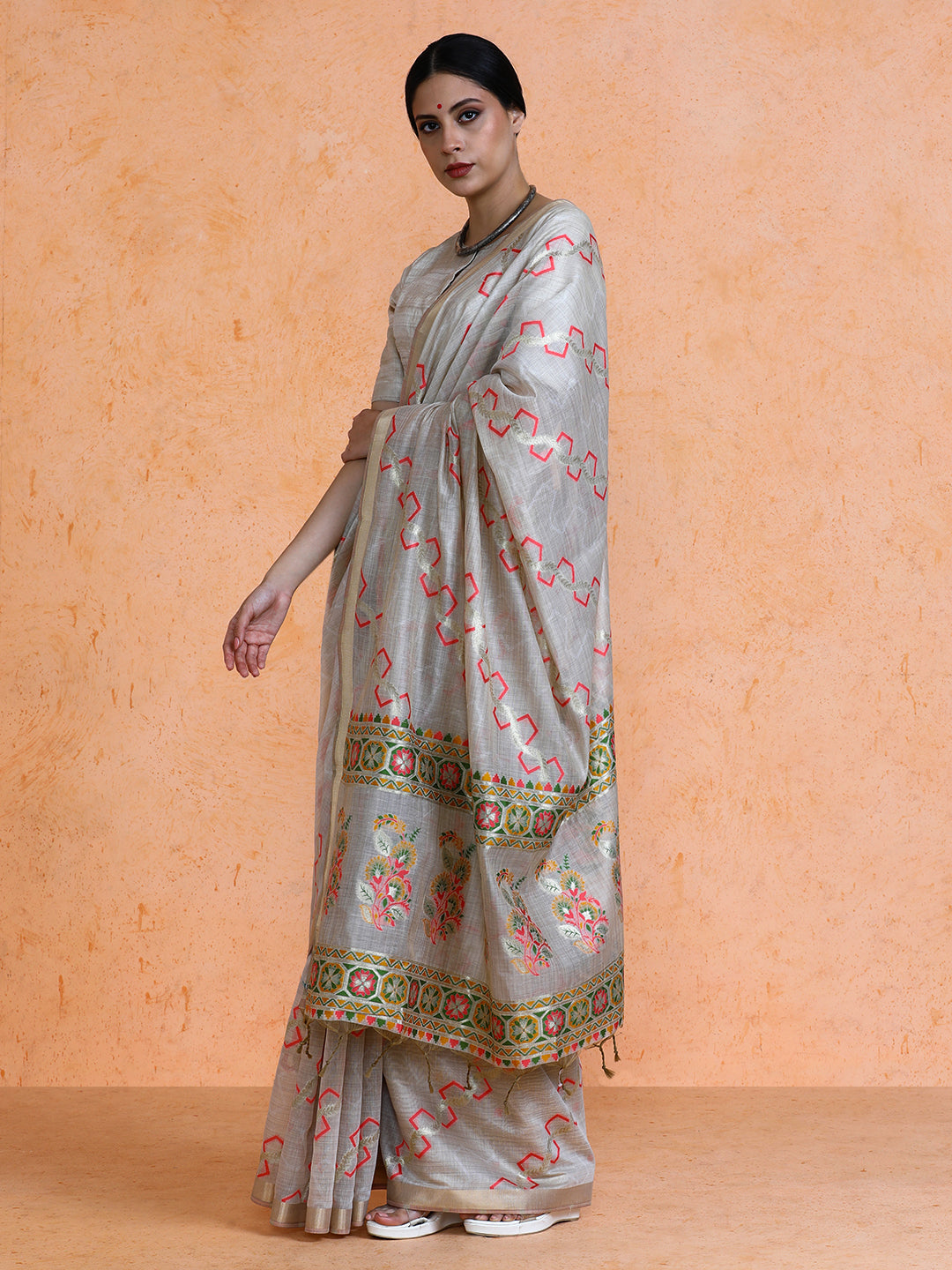 Devina Cotton in Beige with Coral Pink Motifs