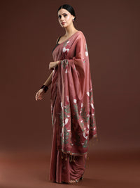 Woven Design Floral Muga Cotton Saree in Red