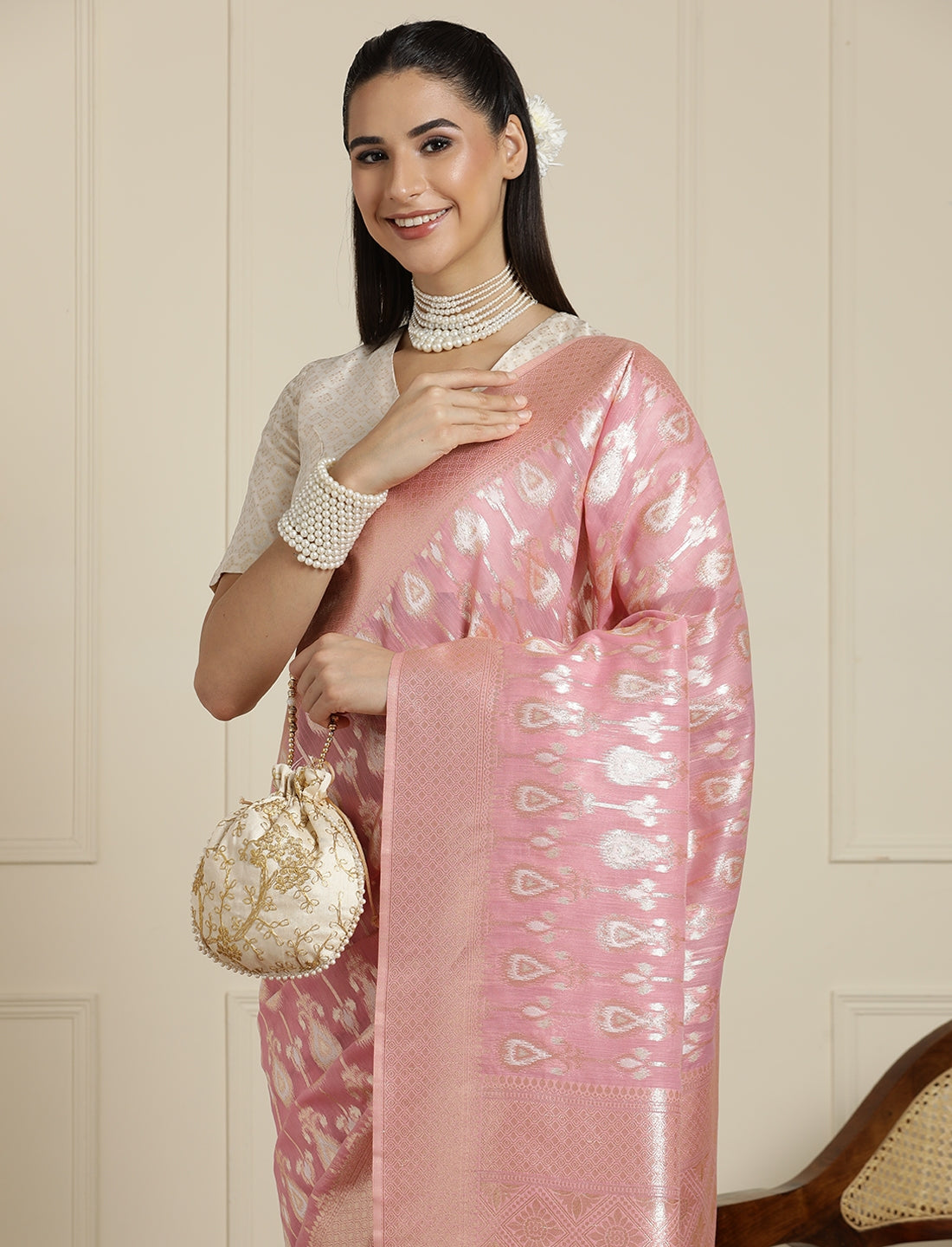 Ethnic Motifs Woven Design Muga Saree in Pink