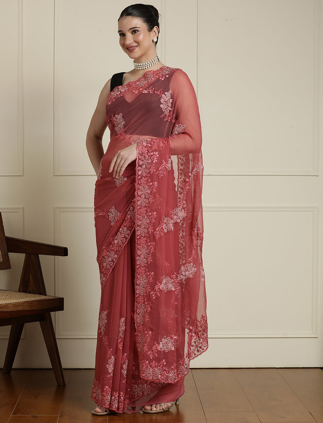 Embellished Saree With Unstitched Blouse in Pink