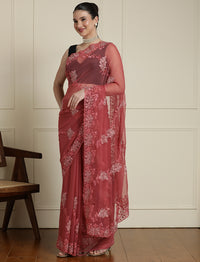 Embellished Saree With Unstitched Blouse in Pink