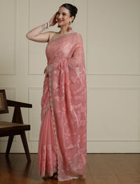 Floral Motif Embroidered Beads and Stones Saree in Pink