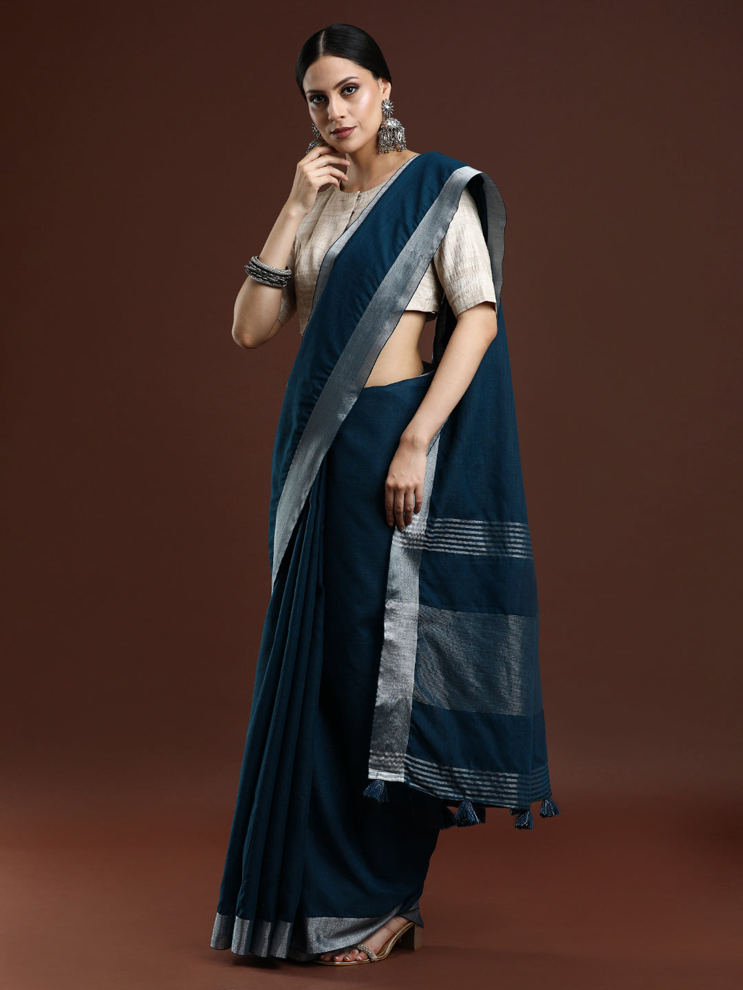 Woven Design Solid Bhagalpuri Linen Saree in Dark Blue