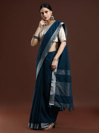 Woven Design Solid Bhagalpuri Linen Saree in Dark Blue