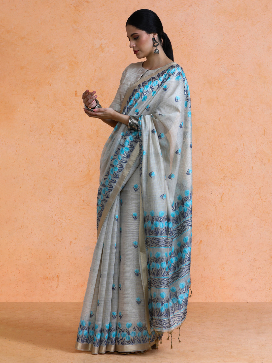 Aranya Cotton in Beige with Blue Motifs