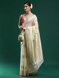 Woven Design Floral Chanderi Cotton Saree Cream