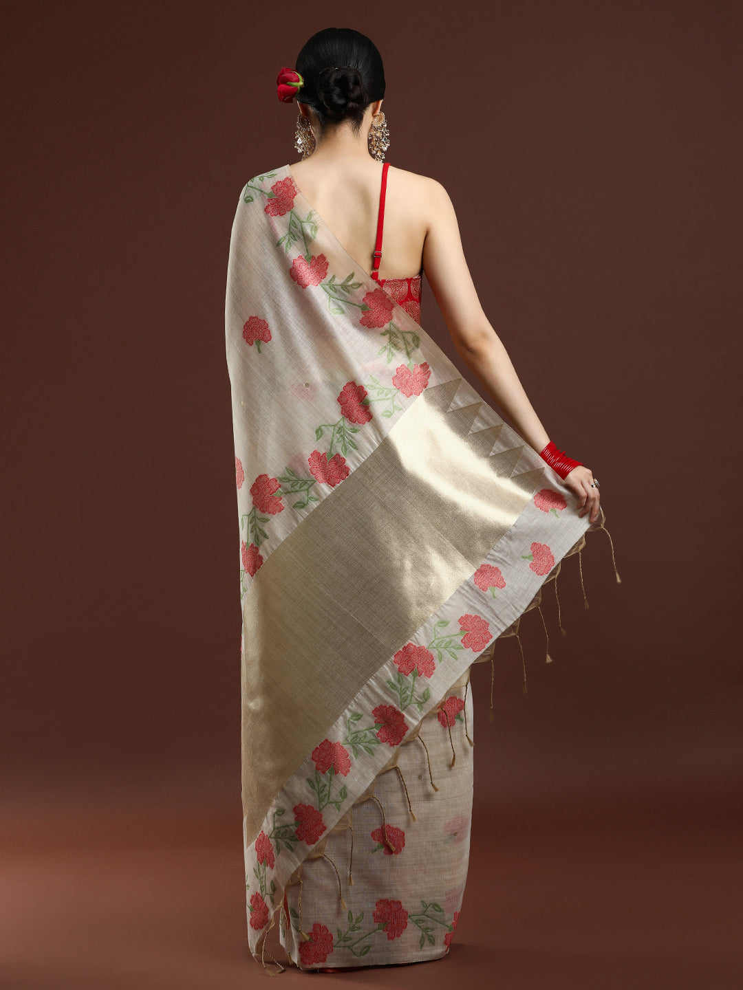 Woven Design Floral Muga Cotton Saree in Red Motifs