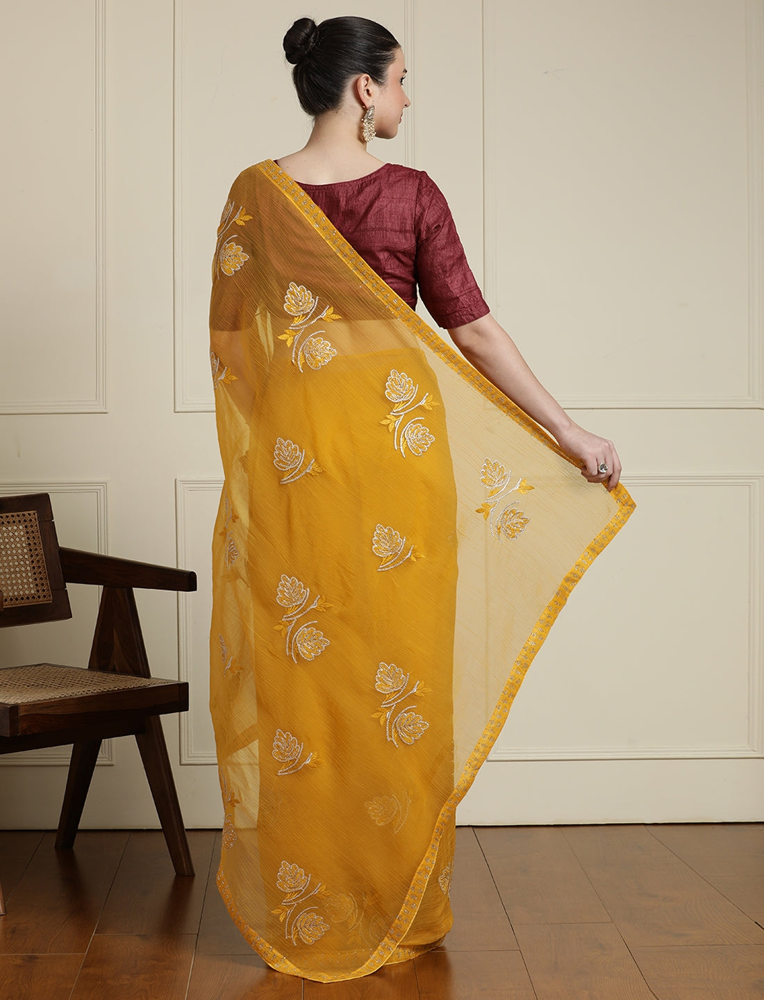 Floral Embroidered Beads and Stones Saree in Yellow