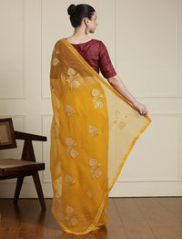 Floral Embroidered Beads and Stones Saree in Yellow