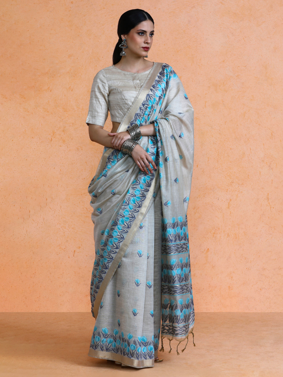 Aranya Cotton in Beige with Blue Motifs