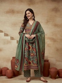 Printed V-Neck Kurta & Trousers With Dupatta