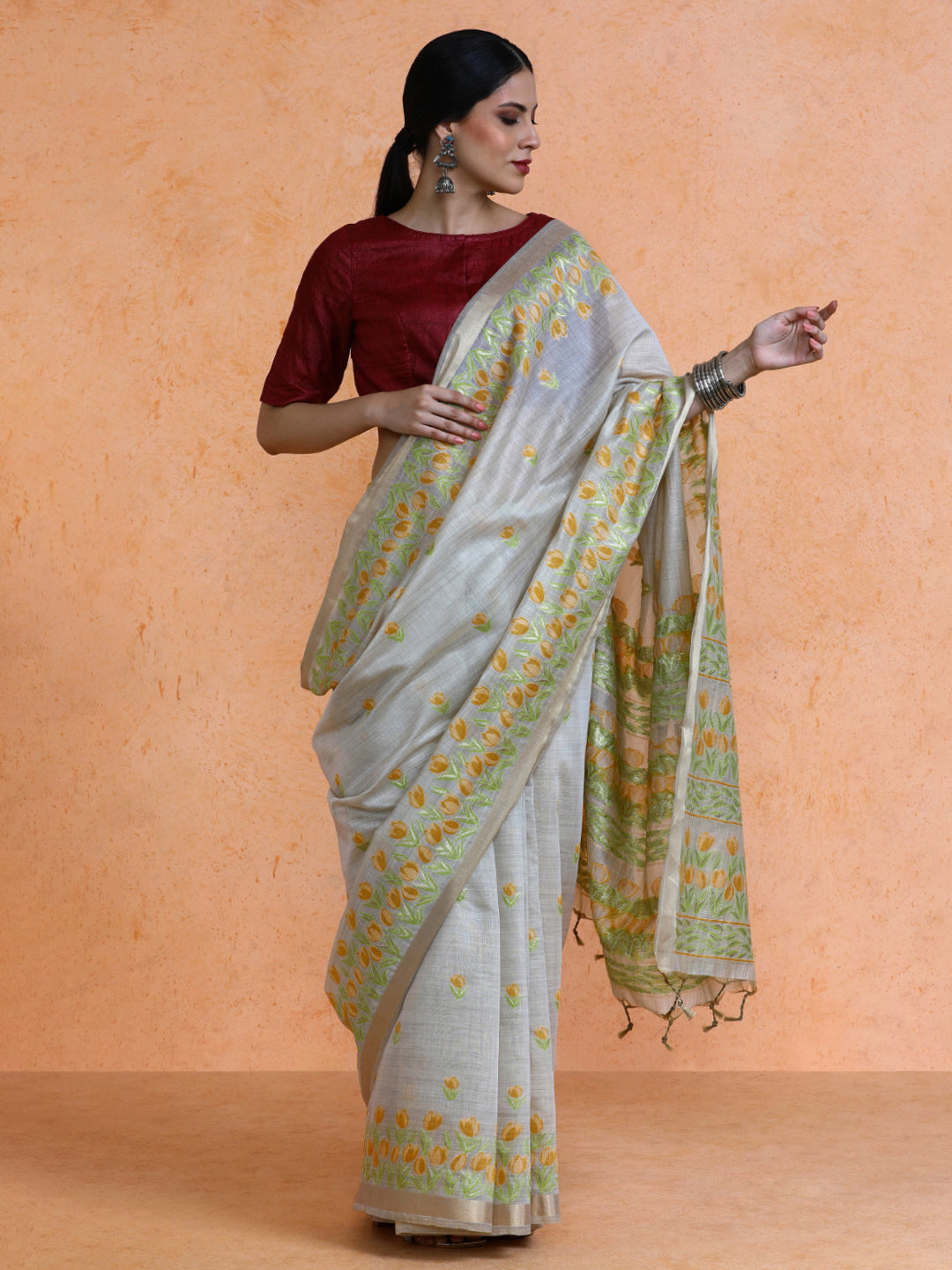 Aranya Cotton in Beige with Yellow Motifs