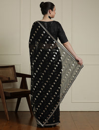 Geometric Embellished Sequinned Saree With Blouse in Black