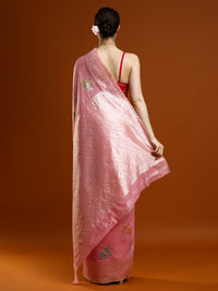 Sarha Women Floral Woven Design Zari Chanderi Saree in Pink