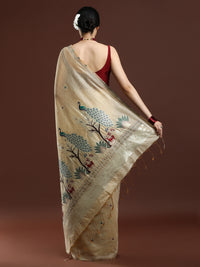 Woven Design Floral Muga Cotton Saree in Beige