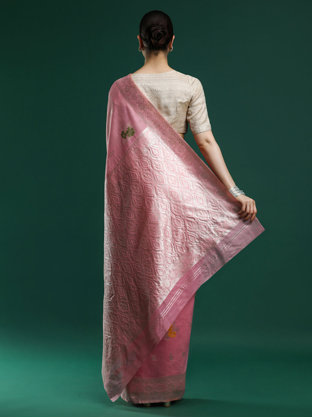 Woven Design Floral Chanderi Cotton Saree in Pink
