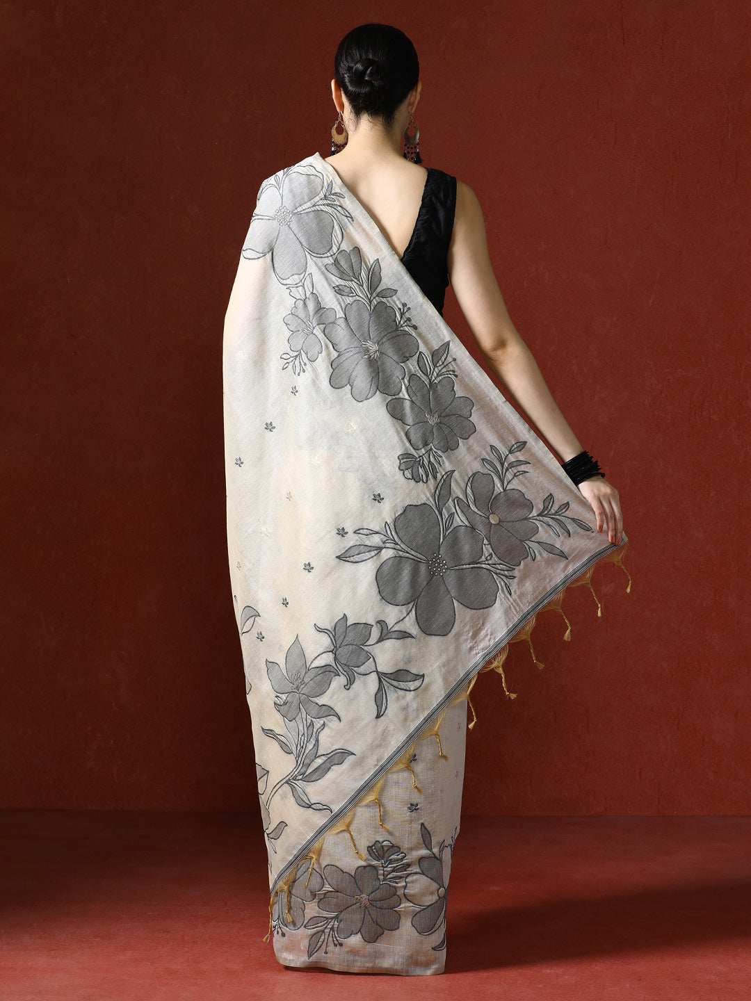Floral Printed Chanderi Saree in black